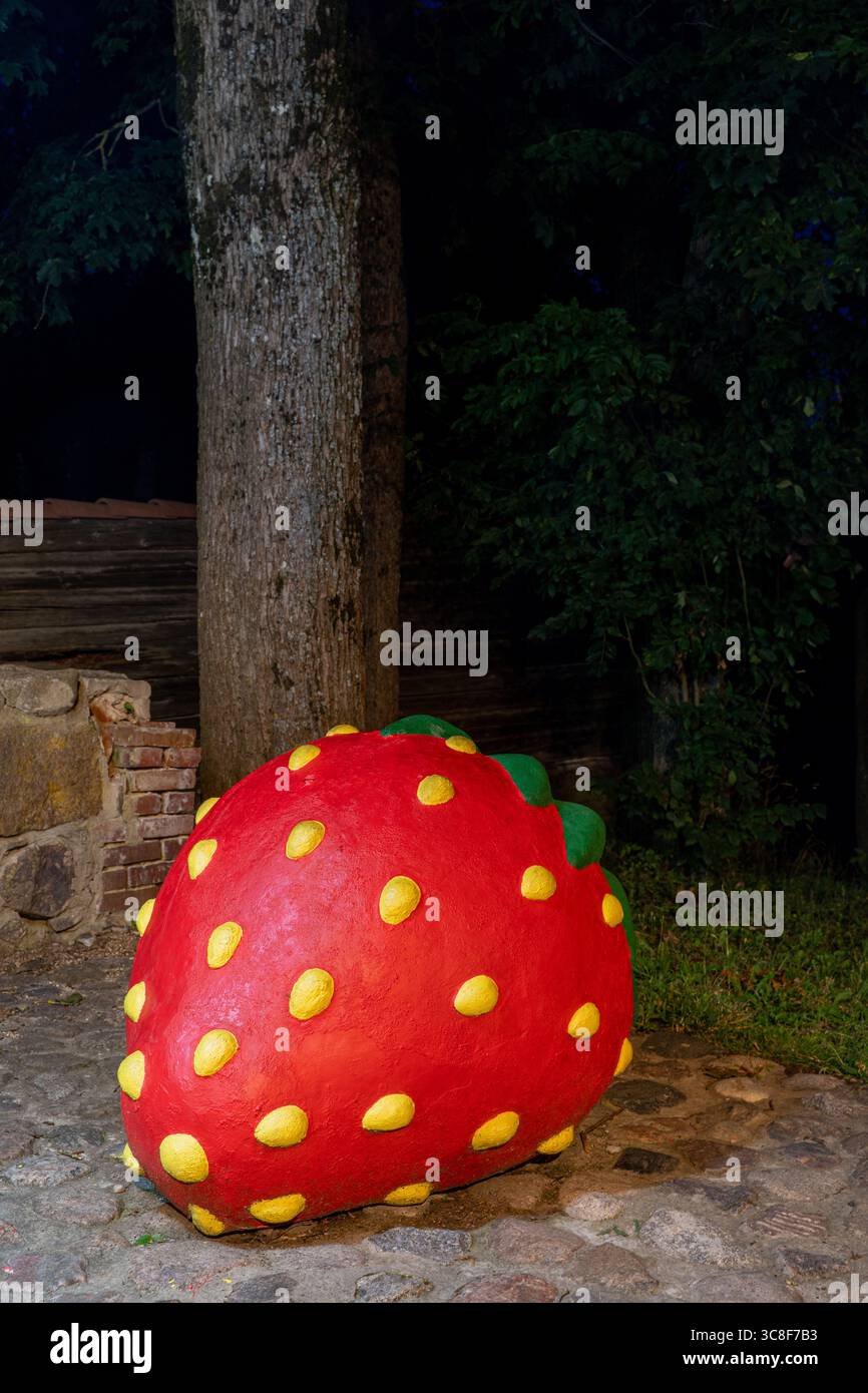 Große rote Erdbeerskulptur mit gelben Samen in der Nähe eines Baumes im Kondas-Zentrum in Viljandi, Estland Stockfoto
