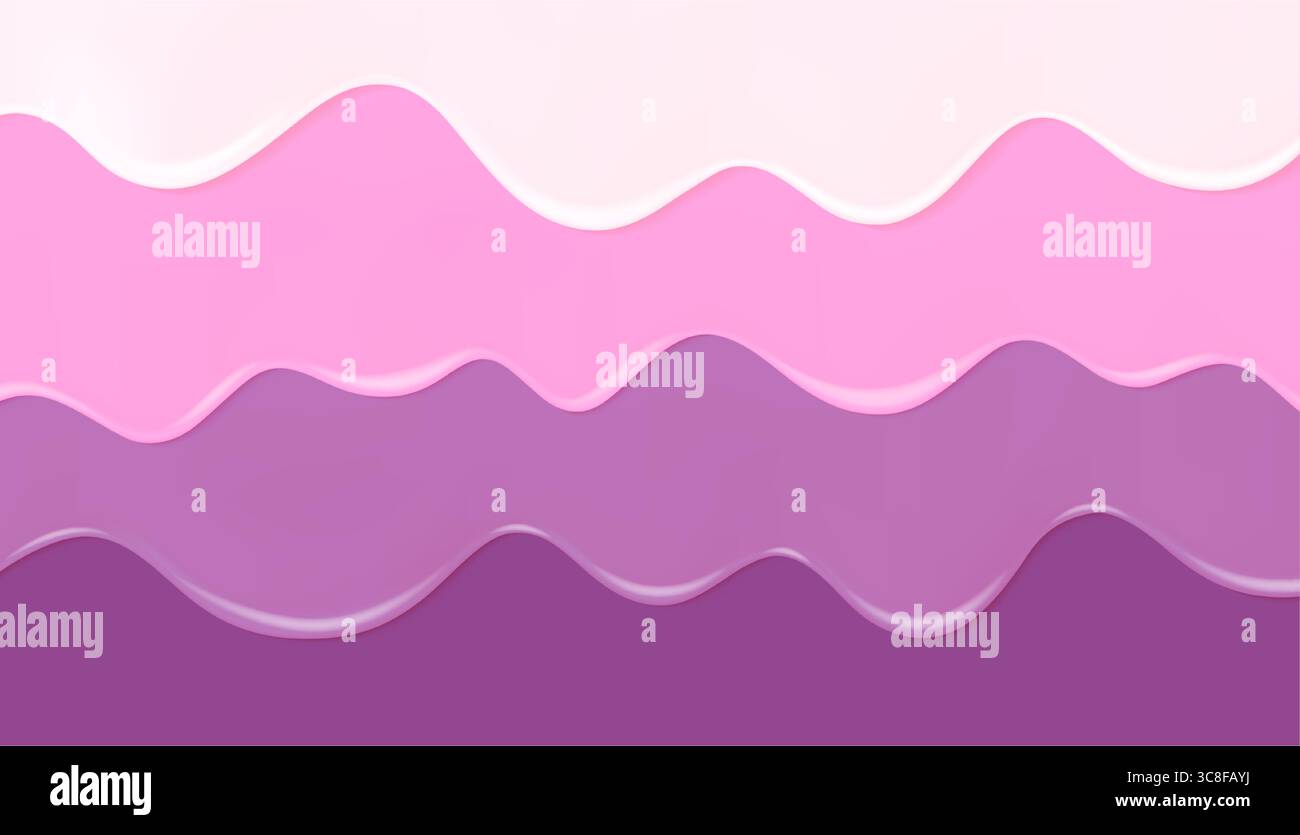 Fließende, geschmolzene farbige Glasur mit glatter Wellenform. Schichten rosafarbener, violetter Flüssigglasur. Realistischer 3D-Vektorhintergrund. Stock Vektor