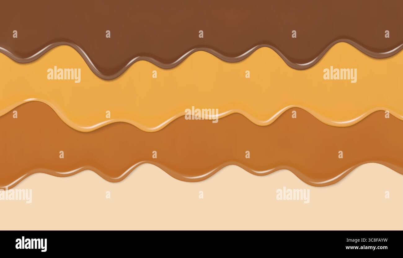 Realistische, wellenförmige 3D-Schichten, die Schokolade und Karamell tropfen. Geschmolzene braune Glasur oder süße Soße. 3D-Vektorhintergrund Stock Vektor