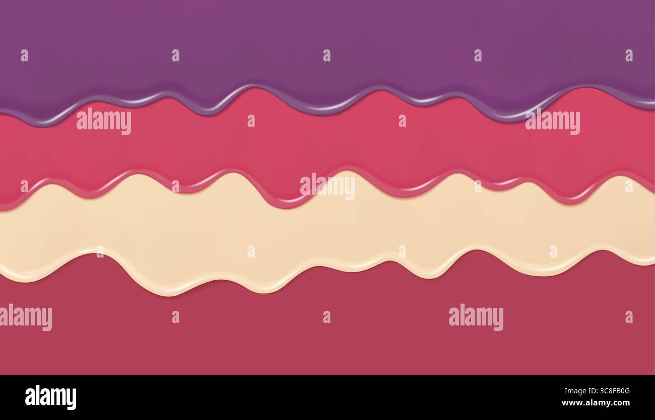 Realistische, wellenförmige 3D-Schichten geschmolzener flüssiger Textur in hellen Farben wie Rosa, Creme und Violett. Zuckerguss oder süße Soße oder Marmelade. 3D-Vektor-bac Stock Vektor