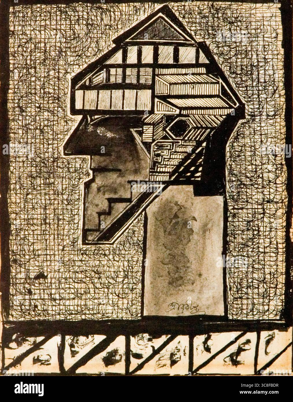 Rabindranath Tagore, Head Study (Geometric), Painting in Tusche and Wash on Paper, 1928-1929 Stockfoto