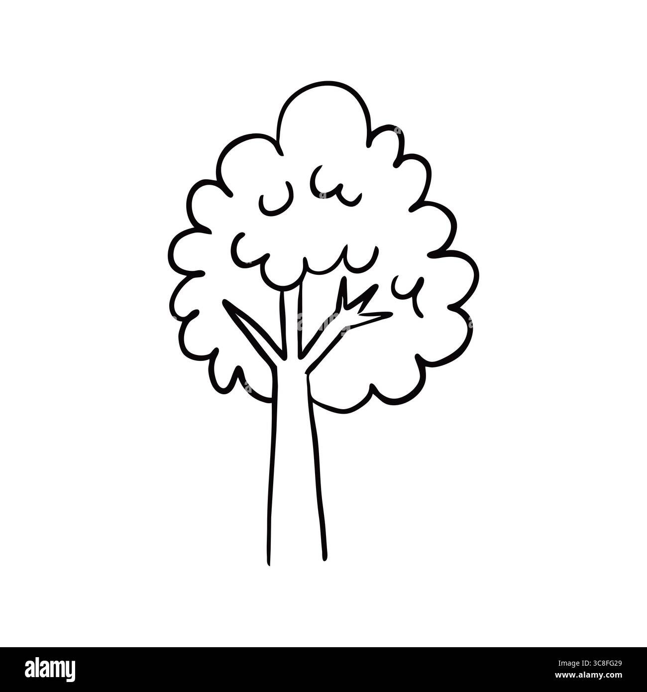 Schwarze Baum-Illustration mit vereinfachten Formen, kindlich gezeichnet, die Natur und Kreativität repräsentieren. Ideal für Bildungsprojekte, Stock Vektor