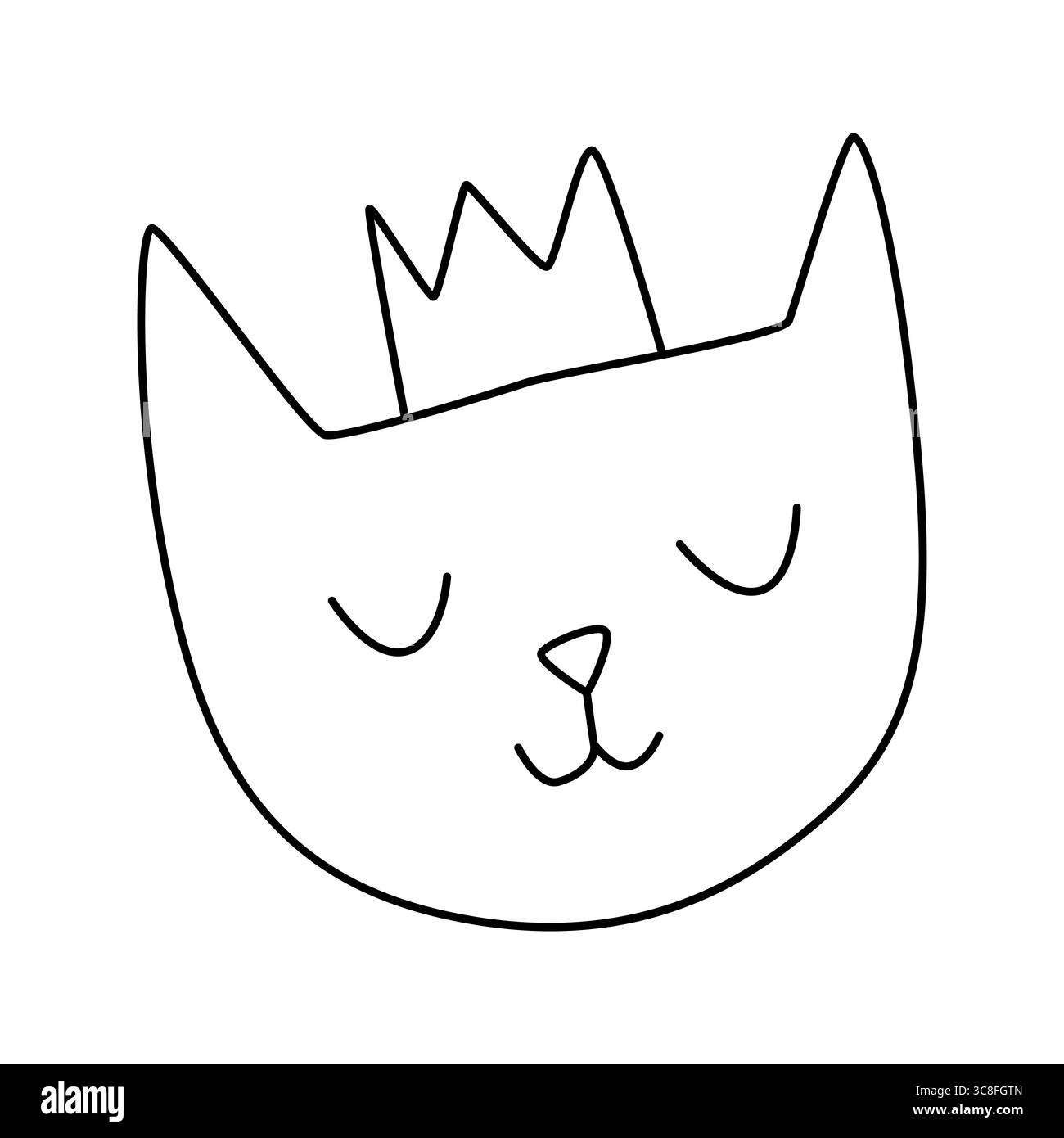 Eine charmante, minimalistische Linienzeichnung einer Katze mit Krone, die Eleganz und Einfachheit ausstrahlt. Perfekt für Kinderdekorationen, verspielte Designs und Stock Vektor