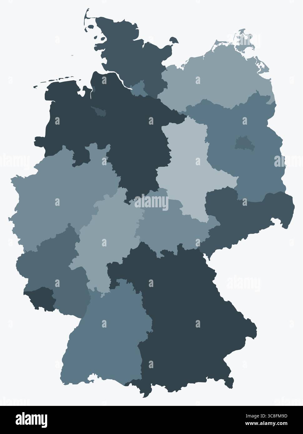 Karte von Deutschland mit Regionen. Nur eine einfache Ländergrenzkarte mit regionaler Aufteilung. Farbpalette Blaugrau. Stock Vektor
