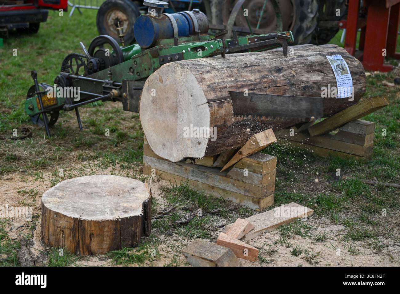 Sägen von Baumstamm bei der Whitby Traction Engine Rally in der Hawsker Lane, Whitby, North Yorkshire am Sonntag, den 3. August 2025. (Foto: Trevor Wilkinson | MI News) Credit: MI News & Sport /Alamy Live News Stockfoto