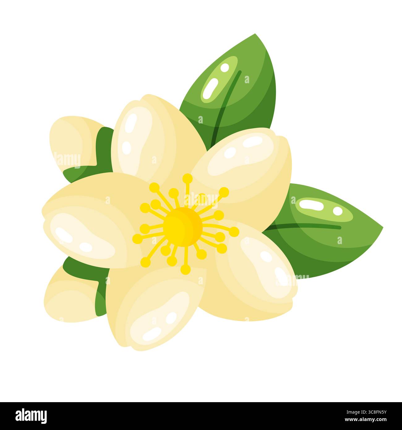 Illustration einer weißen Jasminblüte mit gelbem Zentrum und grünen Blättern. Ein anmutiges Symbol der Reinheit, das oft in indischen Traditionen verwendet wird Stock Vektor