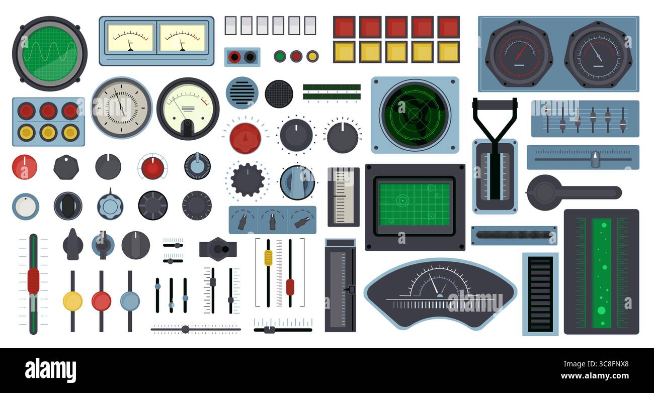 Elemente des Retro-Bedienfelds. Raumschifftasten, Bildschirme und Drehscheiben, Vintage-analoge Dashboard-isolierte Objekte, Anzeigen und Waagen, Geschwindigkeitsschnittstelle Stock Vektor