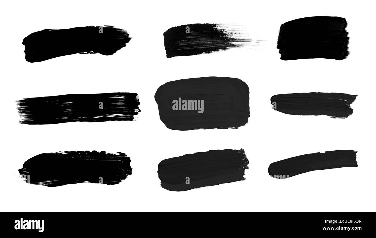 Schwarze Pinselstriche isoliert auf weißem Hintergrund. Abstrakte Kontur der Tinte. Pinselstrich mit Aquarell. Design-Modell. Stockfoto