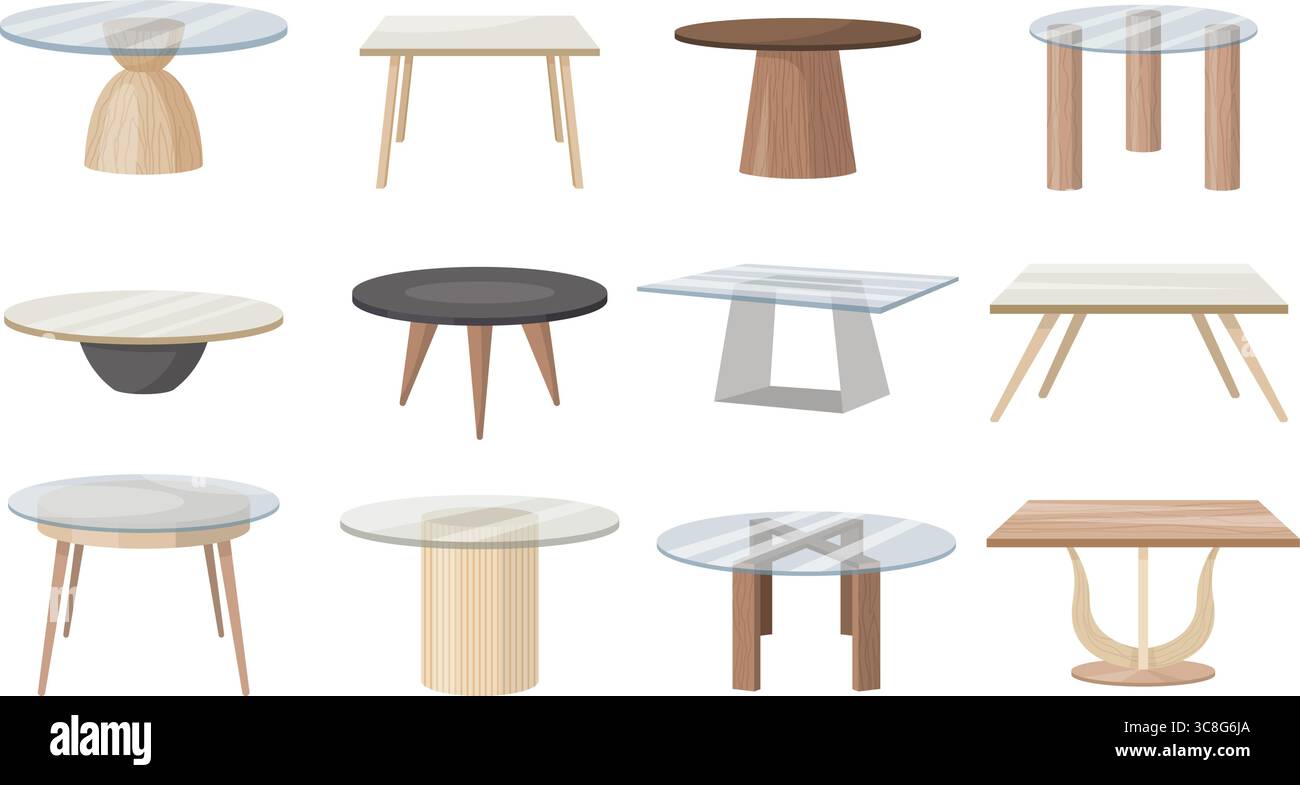 Moderne Tische. Runde Form Tische Glas und Holz neuere Vektormöbel Set Stock Vektor