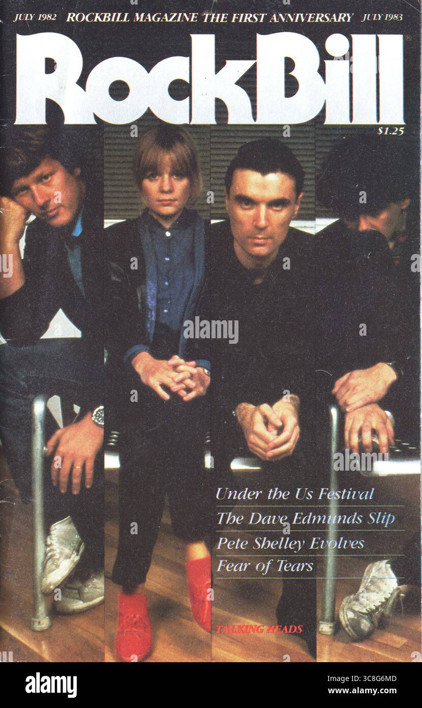 Rockbill Magazine, USA. Monatliches Musikmagazin im Taschenformat Juli 1983. Farbhülle für sprechende Köpfe. Tina Weymouth, Chris Frantz, David Byrne, Jerry Harrison. Das Magazin wurde 1982 ins Leben gerufen und endete gegen Ende der 1980er Jahre Ursprünglich über New Yorker Clubs kostenlos verteilt, hatte es später einen Deckpreis wie in dieser Ausgabe. Stockfoto