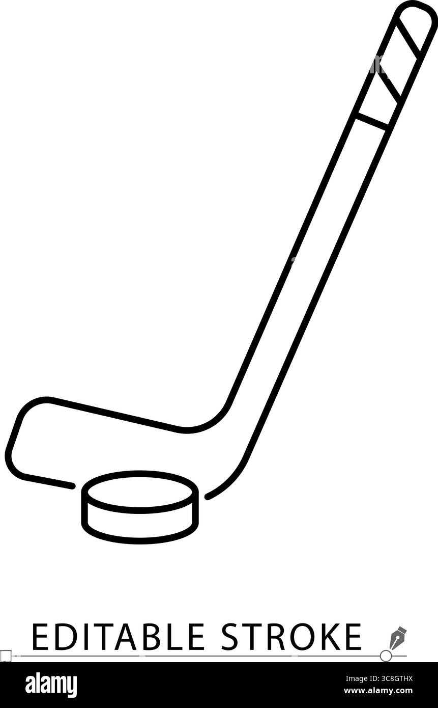 Ein Eishockeystick-Symbol im minimalistischen Stil mit bearbeitbarem Strich. Eissportausrüstung, Puck und Stick, Winterspielobjekt, Trainingsgerät, Wettkampf Stock Vektor