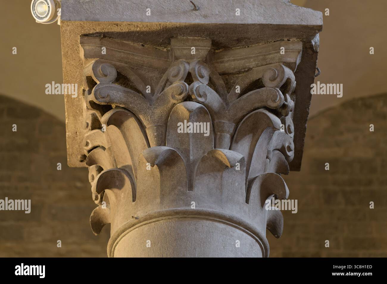 Säulenkapital im romanischen Stil mit korinthischen Elementen und dekorativen Blattmustern in der Kathedrale von San Zeno (Duomo di San Ze) Stockfoto