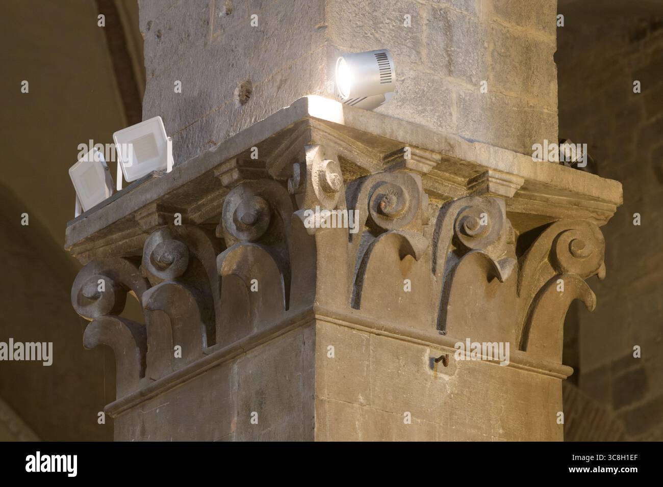 Säulenkapital im romanischen Stil mit korinthischen Elementen und dekorativen Blattmustern in der Kathedrale von San Zeno (Duomo di San Ze) Stockfoto