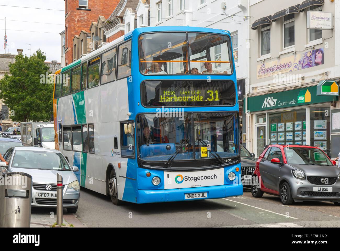 Dennis Trident Alexander ALX400 Bus, Stagecoach Doppeldecker Linie 31 nach Harbourside, Torquay, Devon, England, Großbritannien Stockfoto