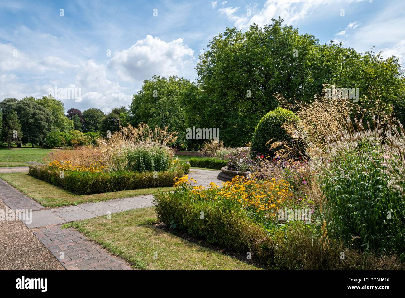 Blumengärten im Sommer im Bute Park, einem öffentlichen Park in Cardiff, South Wales, Großbritannien Stockfoto