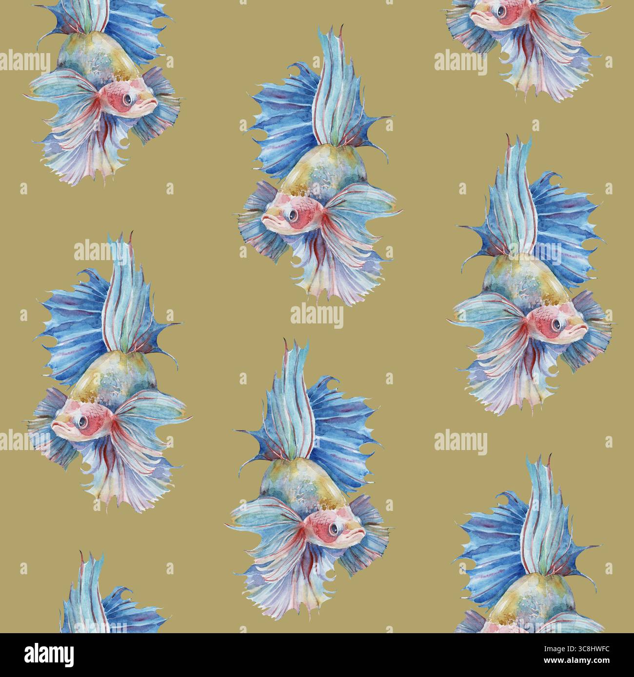 Nahtloses Muster mit kämpfenden siamesischen Aquariumfischen betta Splendens strukturiert bemalten Aquarell auf senfgelbem handgemalten Hintergrund Stockfoto