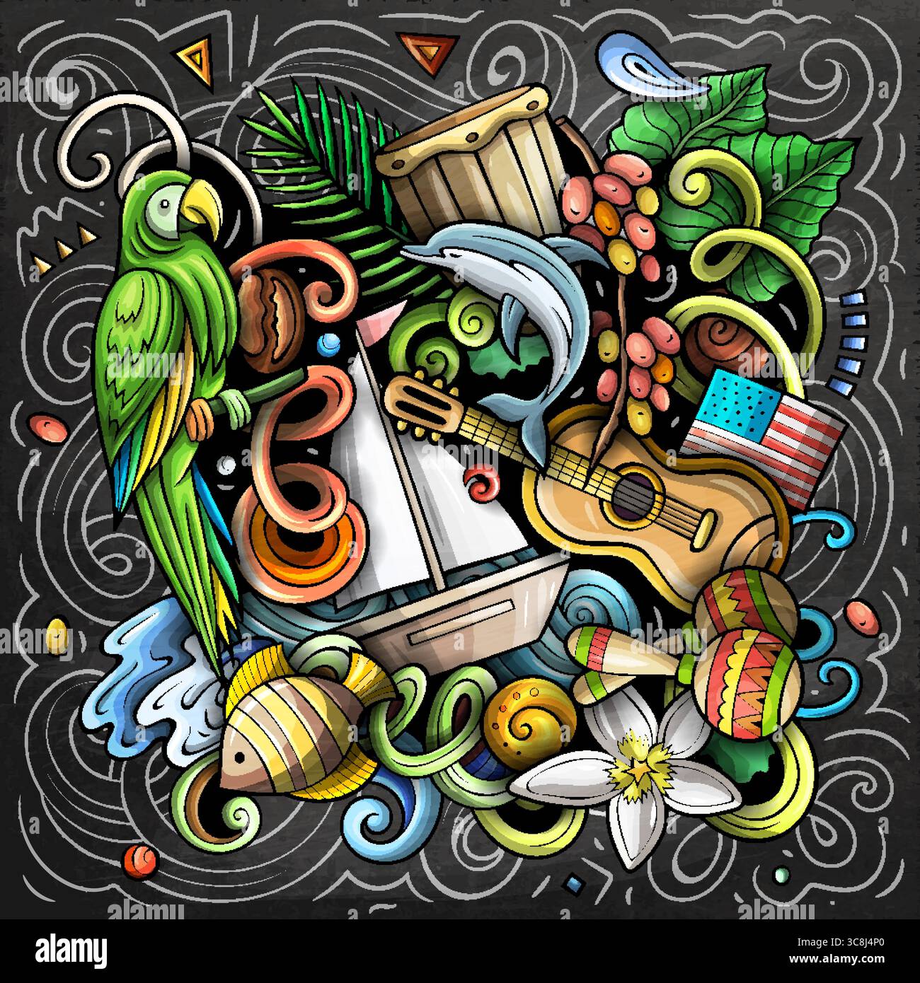 Ausdrucksstarkes Puerto Rico-Doodle auf dunklem Hintergrund mit Gitarre, Papagei, Schlagzeug, Segelboot und Meer-Vibes. Ideal für kulturelle Werbung, Musikveranstaltungen oder lokale Werbung Stock Vektor