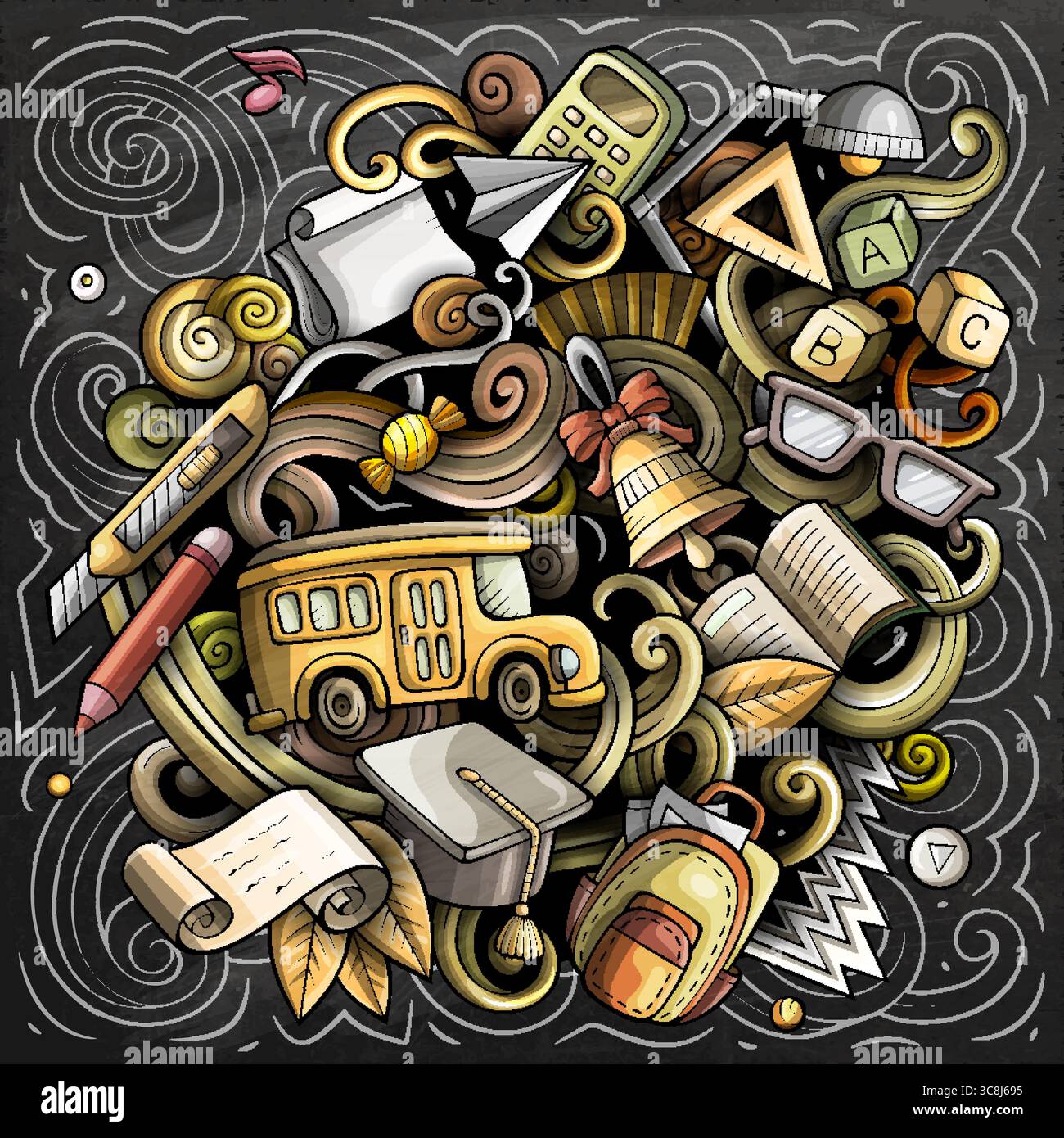 Vektor-Tafel-Illustration von Schul- und Bildungsgegenständen, Materialien, Büchern und Lernelementen im Doodle-Stil. Stock Vektor