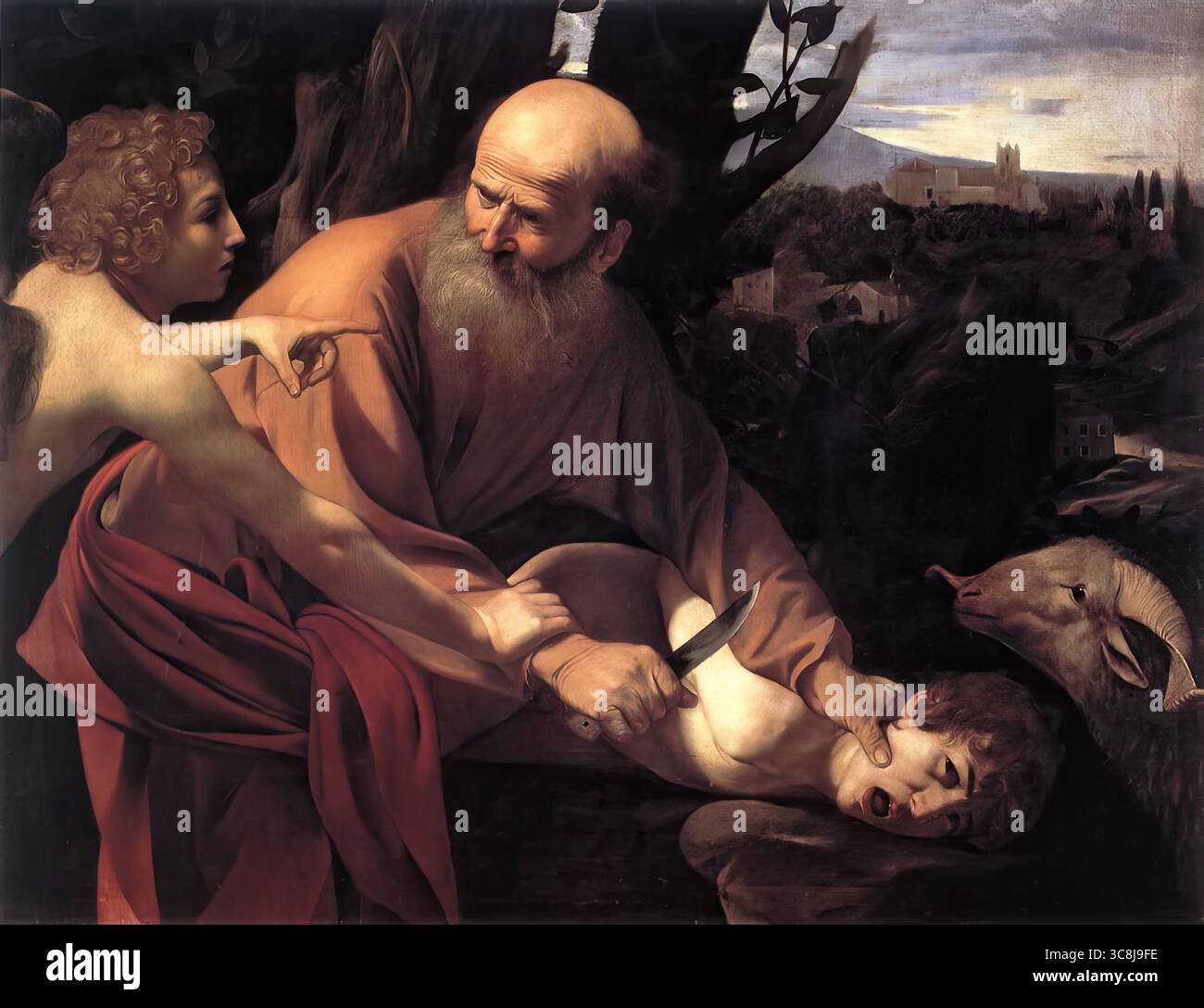CARAVAGGIO (* 1573, Caravaggio, d. 1610, Porto Ercole) das Opfer von Isaak 1601-02 Öl auf Leinwand, 104 x 135 cm Galleria degli Uffizi, Florenz Caravaggio malte eine Version dieses Themas für Kardinal Maffeo Barberini, den zukünftigen Papst Urban VIII. Und dies könnte das Bild sein. Die Künstlerin schiebt die Handlung wie ein plastischer Fries vor den Bilderrahmen. Der alte Abraham, dessen Merkmale an den zweiten Matthäus erinnern, wird bei dem Aufschlitzen der Kehle seines Sohnes von einem ermahnenden Engel abgefangen, der mit seiner rechten Hand den Mord verhindert und mit seiner linken auf die zeigt Stockfoto