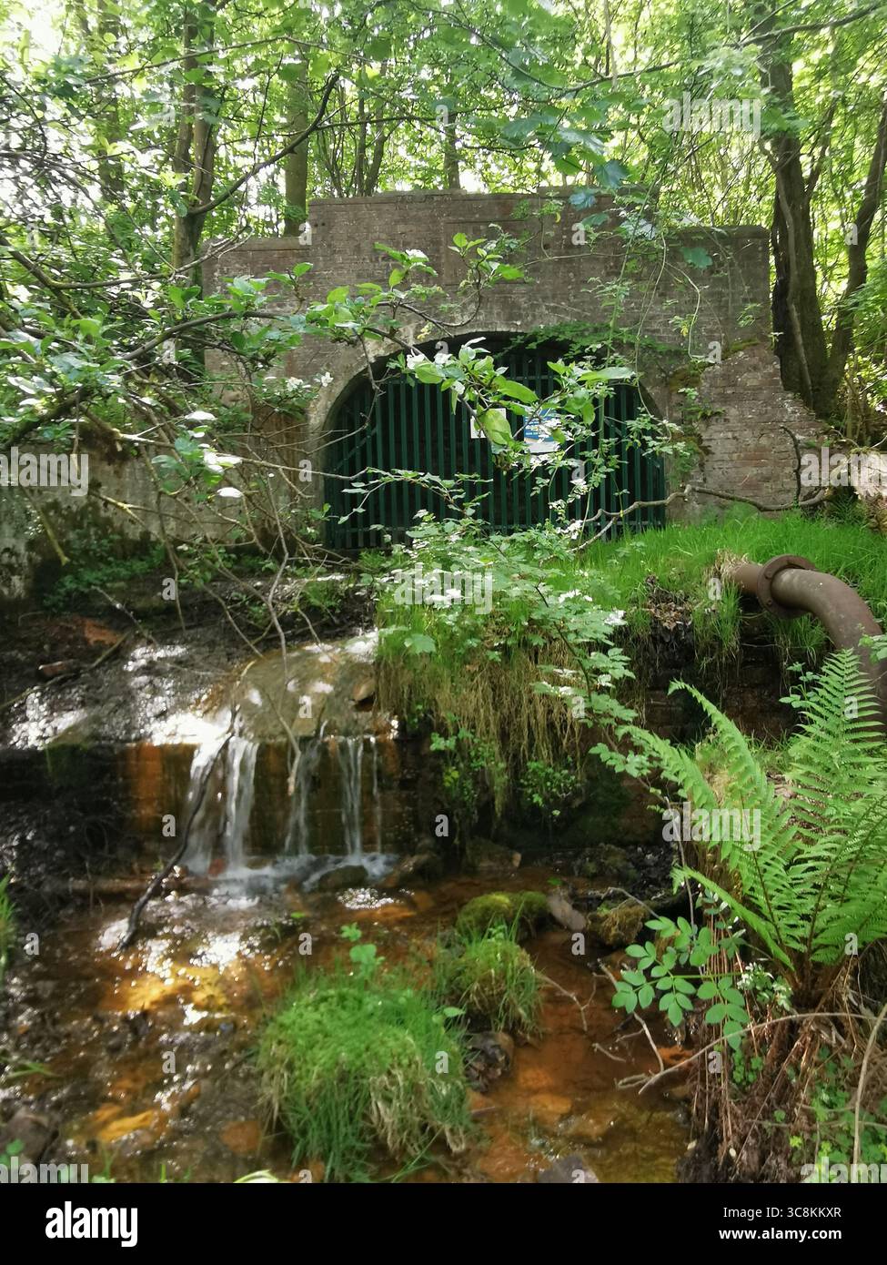 Tillicoultry Mine, eine verlassene Kohlemine des National Coal Board am Rande von Tillicoultry, Schottland. Grill verhindert das Betreten von Entdeckern aufgrund von Gefahren. - Smartphone-aufgenommenes Stockfoto