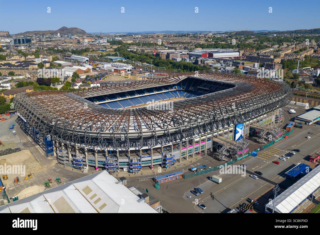 Luftbild des Murrayfield Stadions in Edinburgh - Schottland. Stockfoto