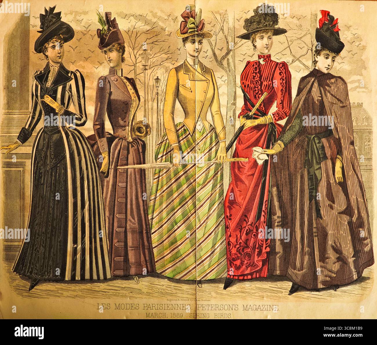 Les Modes Parisiennes, Pariser Mode, Ende des 19. Jahrhunderts, Frauen im Apark, viktorianische Ära, Paris, Frankreich, historische Illustration 1889 Stockfoto