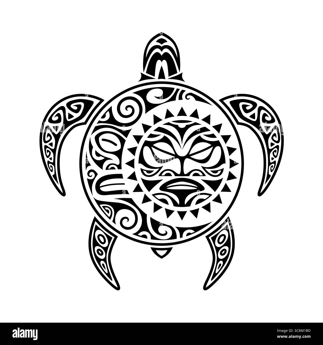 Stammes-Maori-Schildkröte mit Sonne Gesichtsmaske und Mond Schwarz-weiß-Vektor-Illustration Stock Vektor