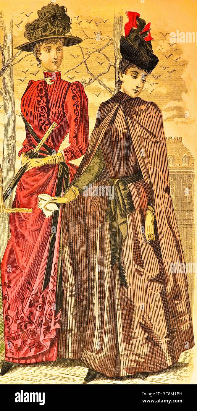 Les Modes Parisiennes, Pariser Mode, Ende des 19. Jahrhunderts, Frauen im Apark, viktorianische Ära, Paris, Frankreich, historische Illustration 1889 Stockfoto