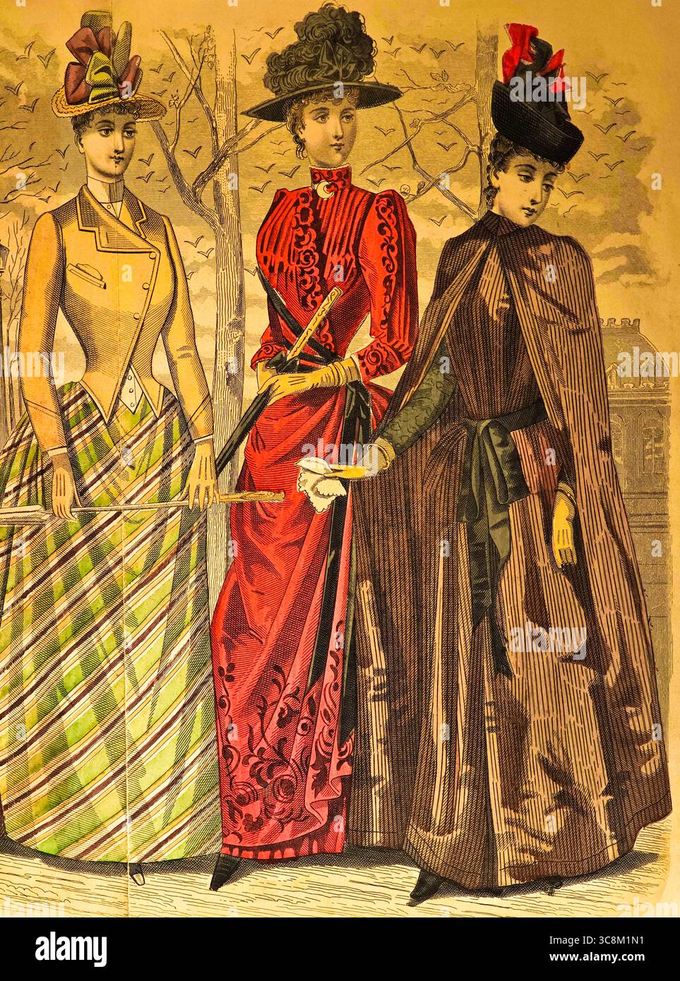 Les Modes Parisiennes, Pariser Mode, Ende des 19. Jahrhunderts, Frauen im Apark, viktorianische Ära, Paris, Frankreich, historische Illustration 1889 Stockfoto