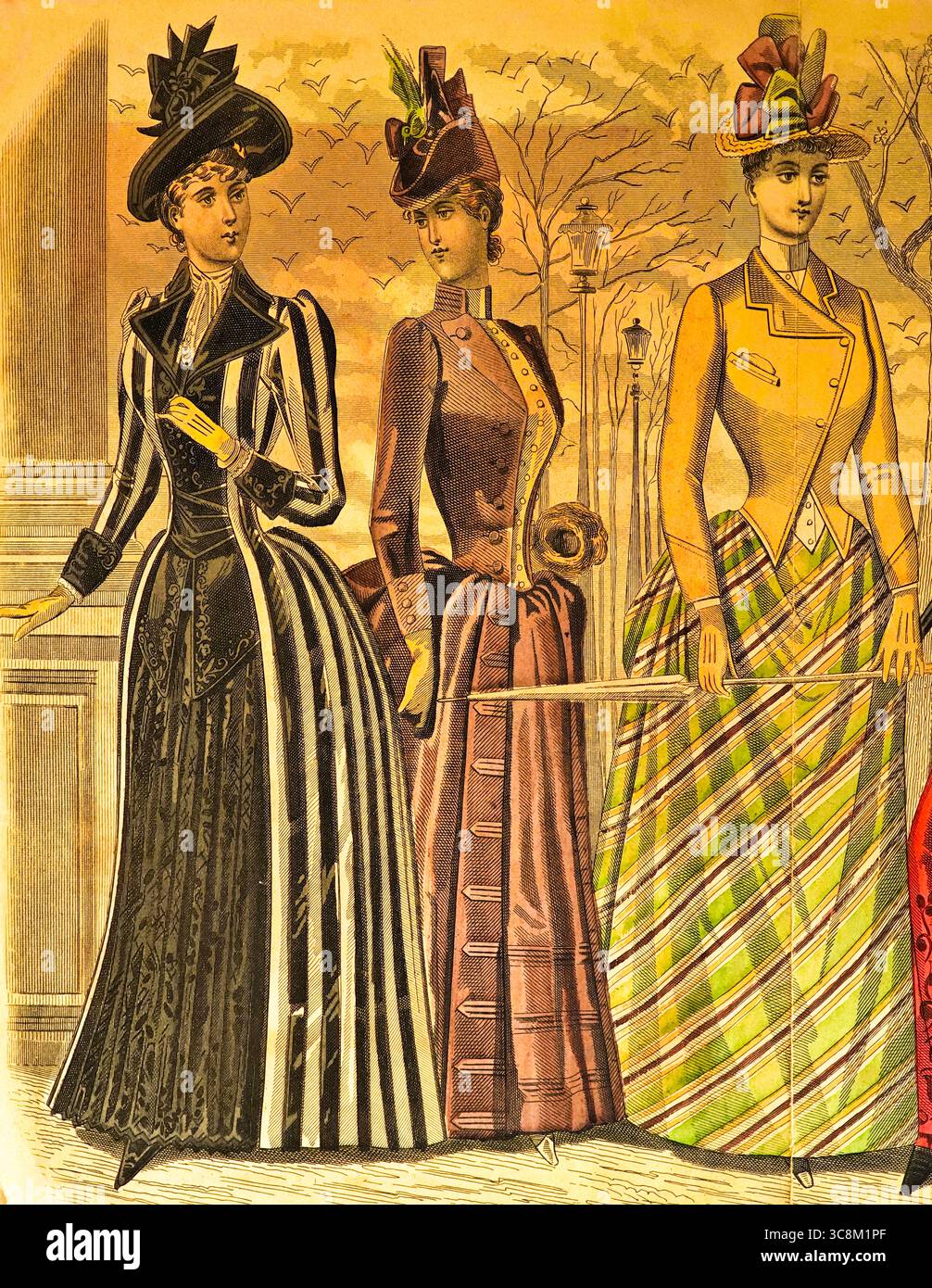 Les Modes Parisiennes, Pariser Mode, Ende des 19. Jahrhunderts, Frauen im Apark, viktorianische Ära, Paris, Frankreich, historische Illustration 1889 Stockfoto
