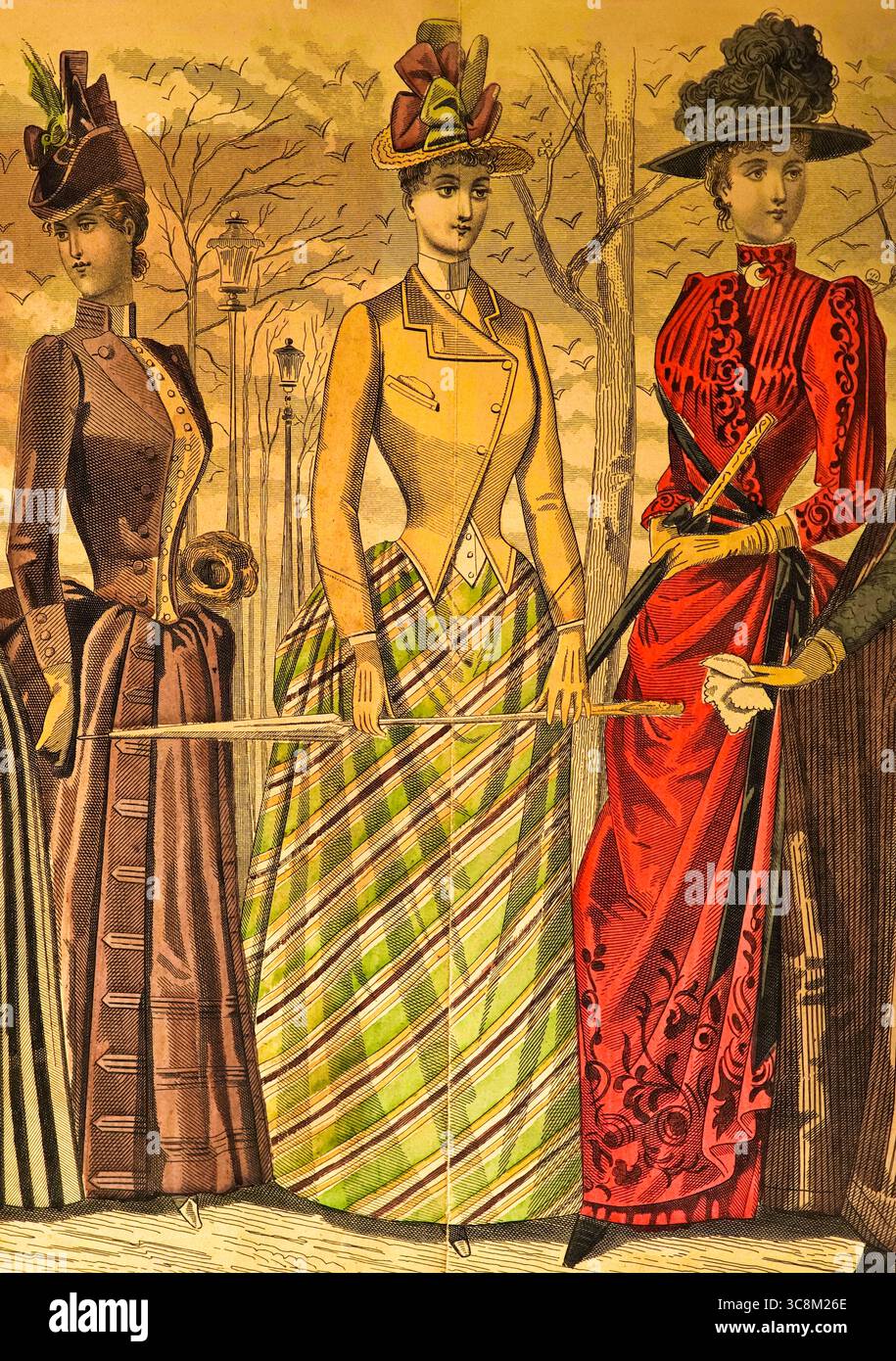 Les Modes Parisiennes, Pariser Mode, Ende des 19. Jahrhunderts, Frauen im Apark, viktorianische Ära, Paris, Frankreich, historische Illustration 1889 Stockfoto