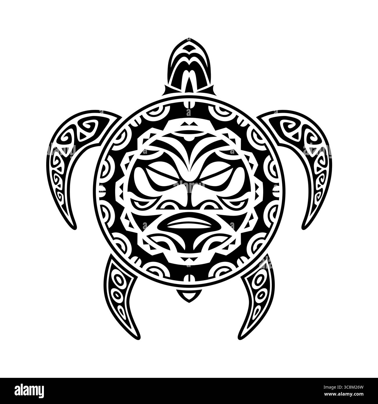 Stammes-Maori-Schildkröte mit Sonnengesichtsmaske Schwarz-weiß-Vektor-Illustration Stock Vektor