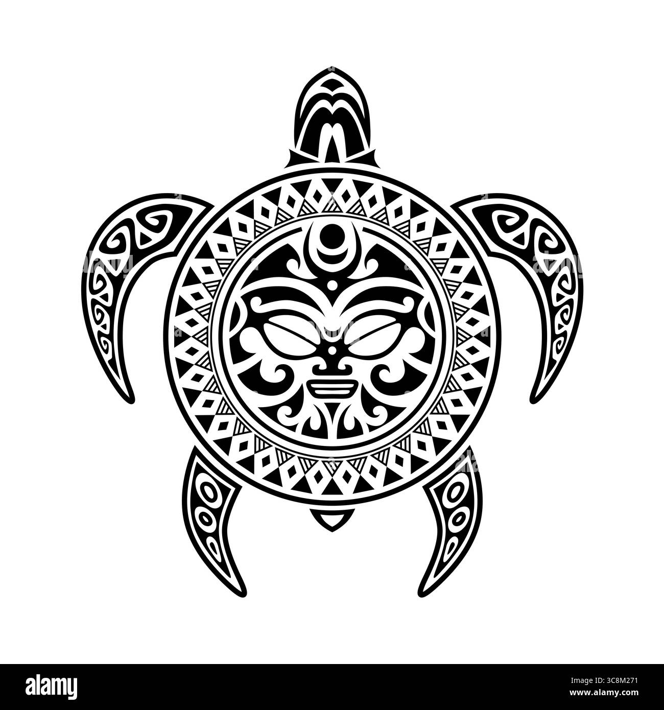 Stammes-Maori-Schildkröte mit Sonnengesichtsmaske Schwarz-weiß-Vektor-Illustration Stock Vektor