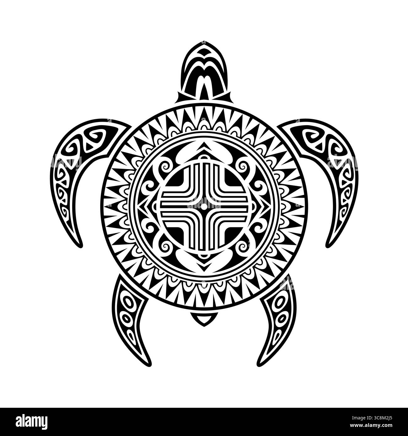 Stammesschildkröte mit geometrischem Schalenmuster Schwarz-weiß-Vektor-Illustration Stock Vektor