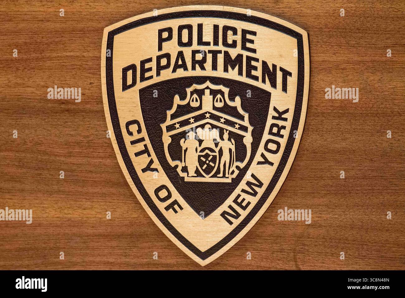 13. Februar 2021, New York, Vereinigte Staaten: Das New York City Police Shield Logo wurde während einer Pressekonferenz gesehen. Zwei Obdachlose wurden tot erstochen, zwei weitere wurden während einer 14-stündigen Reise durch New York City in separaten A-Zügen verletzt, von denen angenommen wird, dass sie von einem einsamen Mann begangen wurden. (Credit Image: © Ron Adar/SOPA Images via ZUMA Wire) Stockfoto