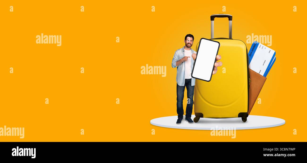 Touristen mit Koffer und Smartphone buchen Sommerferien Stockfoto