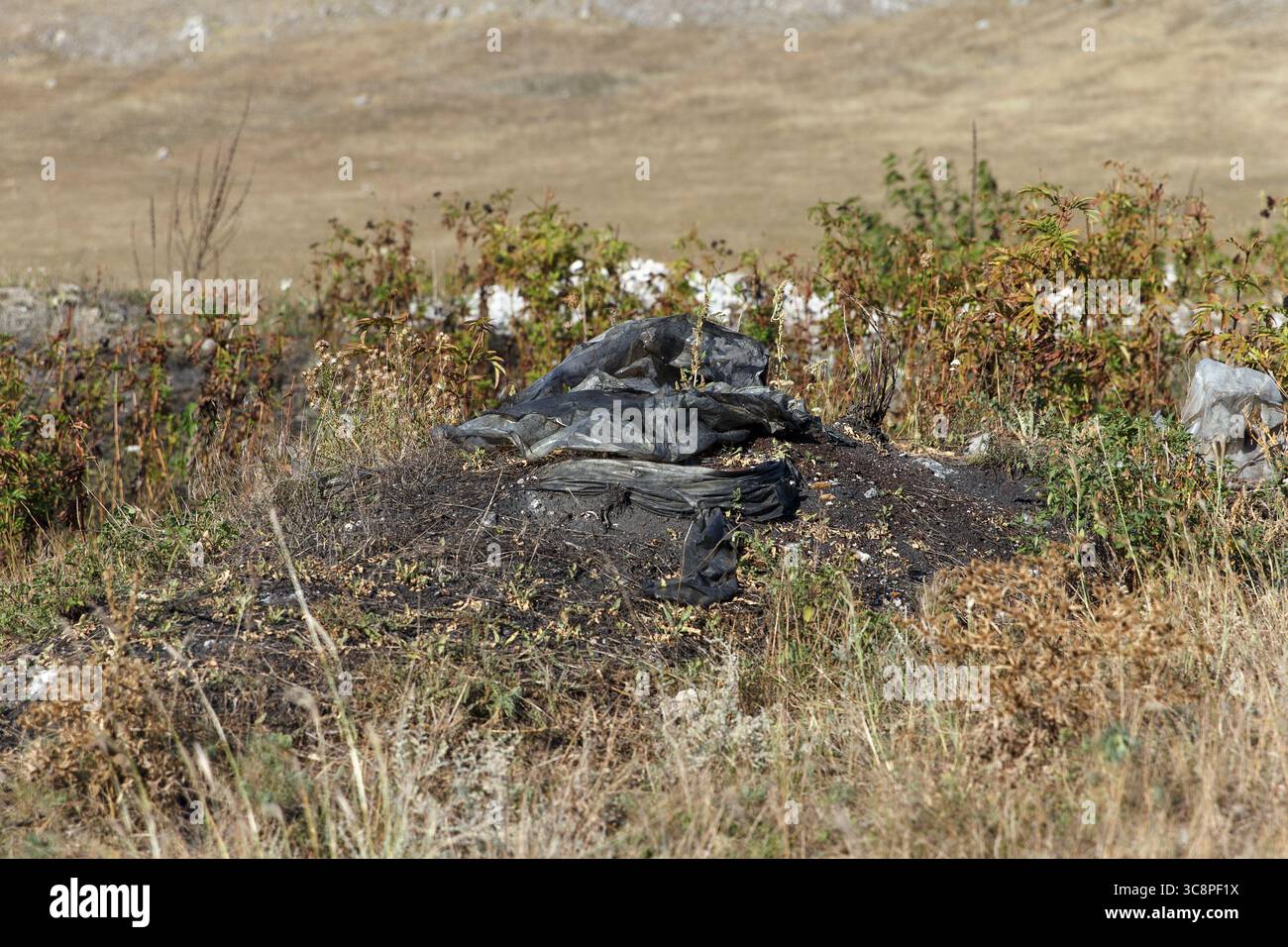 Ein verkohlter Hügel aus Asche und Schutt, umgeben von trockenem Gras und karger Vegetation in einer einsamen Landschaft. Hebt Umweltprobleme hervor Stockfoto