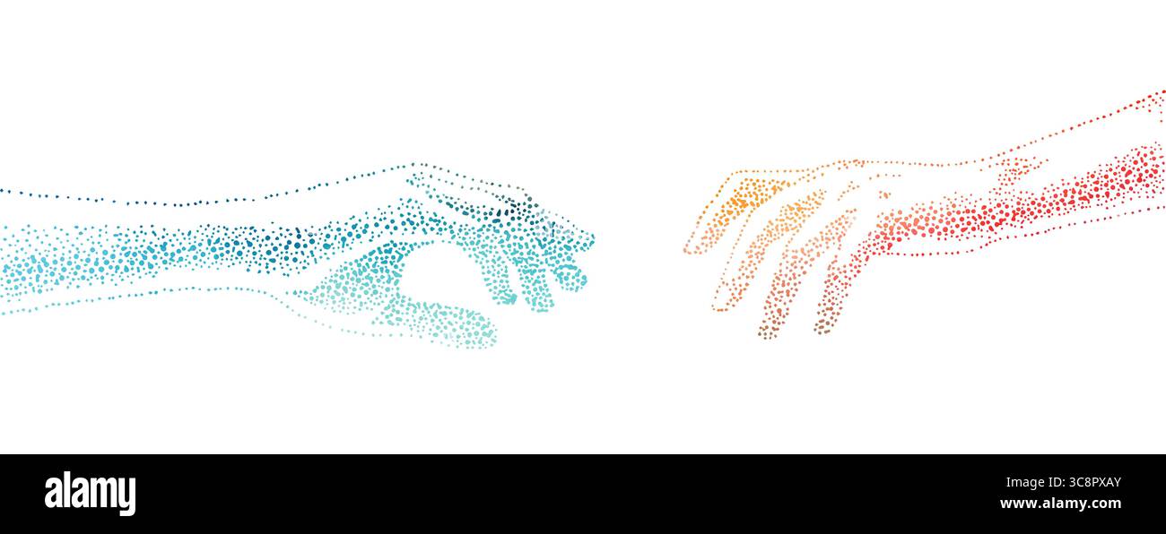 Die Hände reichen einander aus. Farbiges Konzept zum Valentinstag. Abbildung des Materialvektors. Handgezeichnet. Nicht KI, Stock Vektor