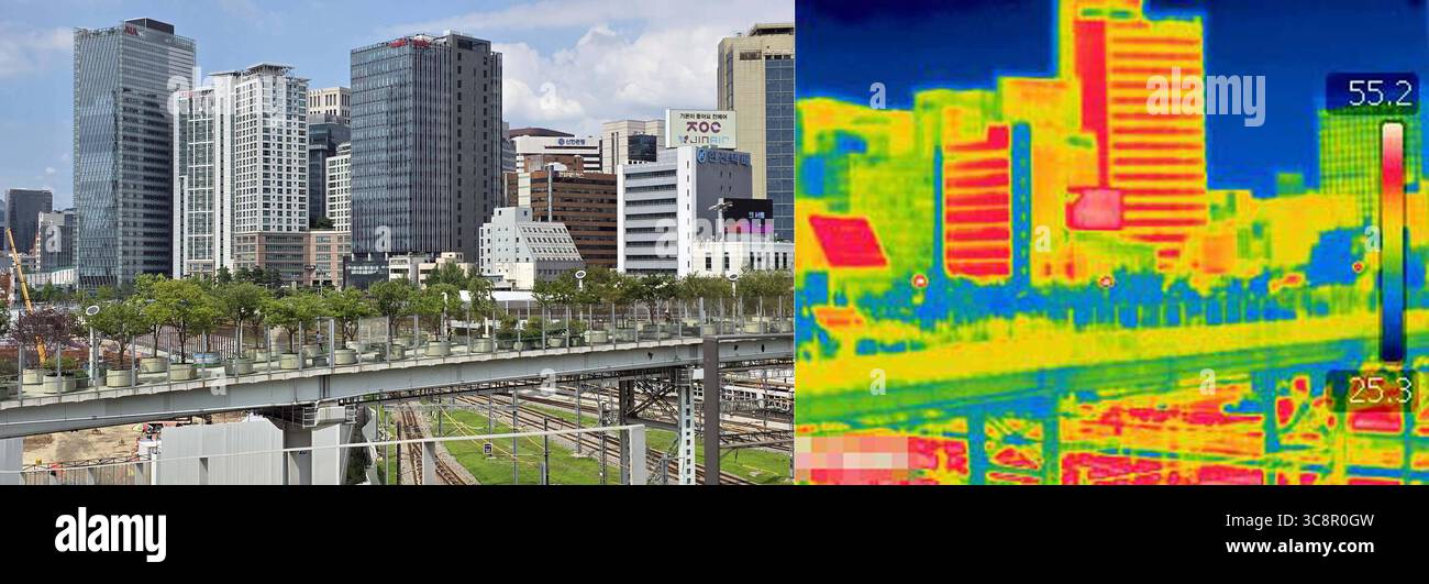 Hitzewelle in Südkorea Ein Kombinationsbild zeigt den Seoul Station Park L und ein Bild, das mit einer Wärmebildkamera der gleichen Szene R am 23. Juli 2025 in Seoul, Südkorea aufgenommen wurde. Südkorea wird von einer schweren Hitzewelle erfasst, wobei Seoul Höhen von 38 Grad Celsius und eine historische Serie tropischer Nächte erreicht, ein klares Signal für eine Beschleunigung des Klimawandels. Wissenschaftler bestätigen, dass solche extremen Hitzeereignisse, die heute in Ostasien üblich sind, ohne die vom Menschen verursachte globale Erwärmung fast unmöglich gewesen wären, die sowohl die Frequenz als auch die Intensität von Hitzewellen in die Höhe treibt. Südkoreas durchschnittliches TEM Stockfoto