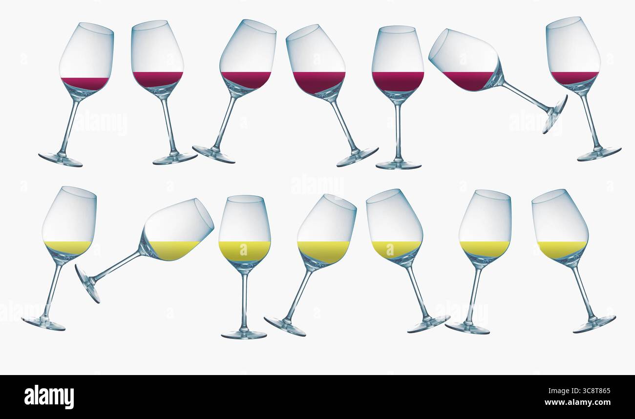 Wein, sowohl rot als auch weiß, wird in Weingläsern aus Stielgeschirr auf weißem Hintergrund in einer 3D-Illustration gesehen. Stockfoto