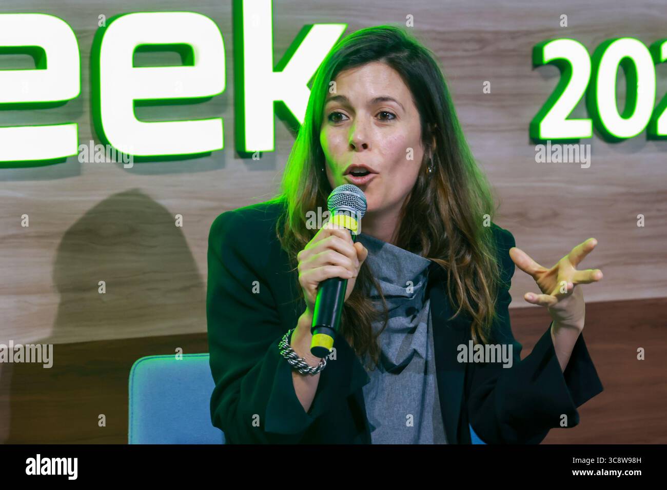 Sao Paulo, Sao Paulo, Brasilien. August 2025. Sao Paulo (SP), 4. August 2025 Ã¢â‚¬' Climate Week/Cubo/SP Ã¢â‚¬' Panel: Changing the Narrative in Climate with Mariana Oliveira (Maria Farinha), eine der größten Treffen, die sich mit Klimainnovationen und dem Übergang zu einer kohlenstoffarmen Wirtschaft in Lateinamerika befasst. Vom 4. Bis 8. August veranstalten Unibanco und Cubo Itau zum zweiten Mal in Folge die Sao Paulo Climate Week, inspiriert von internationalen Veranstaltungen wie der New York Climate Week. Durch die Initiative wird Sao Paulo zum wichtigsten regionalen Zentrum für Diskussionen über nachhaltige Unternehmen, Stockfoto