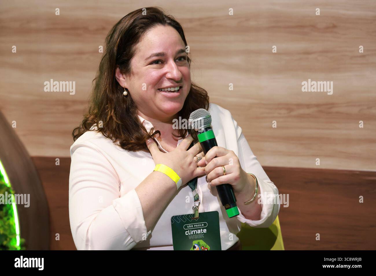 Sao Paulo, Sao Paulo, Brasilien. August 2025. Sao Paulo (SP), 4. August 2025 Ã¢â‚¬' Klimawoche/Cubo/SP Ã¢â‚¬' Biodata Panel: Eine neue strategische Grenze mit Julia Motte-Baumvol (Sorbonne Abu Dhabi), Leonardo Trevelin (ITV), Gabriel Nunes (Puxirum), Heitor Fipi (Bioflore), Chrissy Durkin (Landkarte des Lebens) und Emiliano Ramalho (Instituto Mamiraua), die sich für den Übergang zur CO2-Wirtschaft in Lateinamerika zum Thema eines der größten klimainnovation widmen. Vom 4. Bis 8. August veranstalten Unibanco und Cubo Itau zum zweiten Mal in Folge die Sao Paulo Climate Week, ins Stockfoto