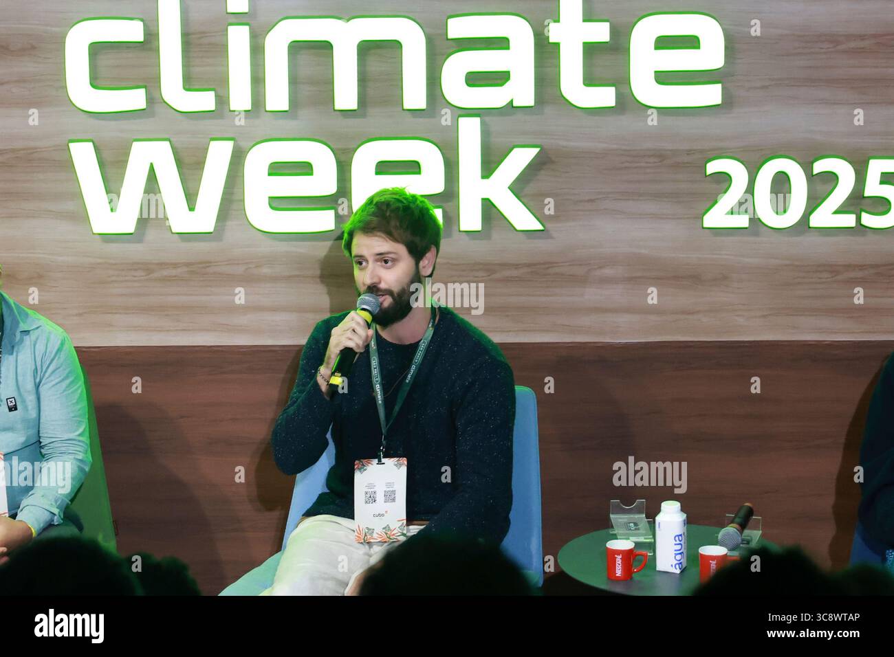 Sao Paulo, Sao Paulo, Brasilien. August 2025. Sao Paulo (SP), 4. August 2025 Ã¢â‚¬' Klimawoche/Cubo/SP Ã¢â‚¬' Biodata Panel: Eine neue strategische Grenze mit Julia Motte-Baumvol (Sorbonne Abu Dhabi), Leonardo Trevelin (ITV), Gabriel Nunes (Puxirum), Heitor Fipi (Bioflore), Chrissy Durkin (Landkarte des Lebens) und Emiliano Ramalho (Instituto Mamiraua), die sich für den Übergang zur CO2-Wirtschaft in Lateinamerika zum Thema eines der größten klimainnovation widmen. Vom 4. Bis 8. August veranstalten Unibanco und Cubo Itau zum zweiten Mal in Folge die Sao Paulo Climate Week, ins Stockfoto