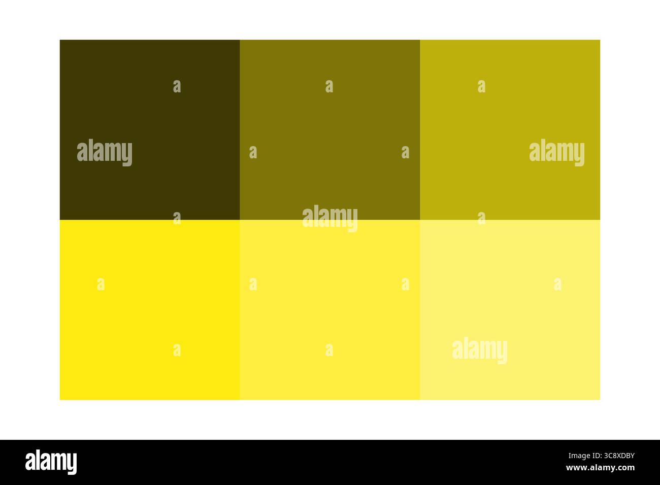 Farbpalette Gelb. Abgestufte Farbfelder. Schwarzweißtöne Vektor. Dunkler, heller Schatten. Stock Vektor