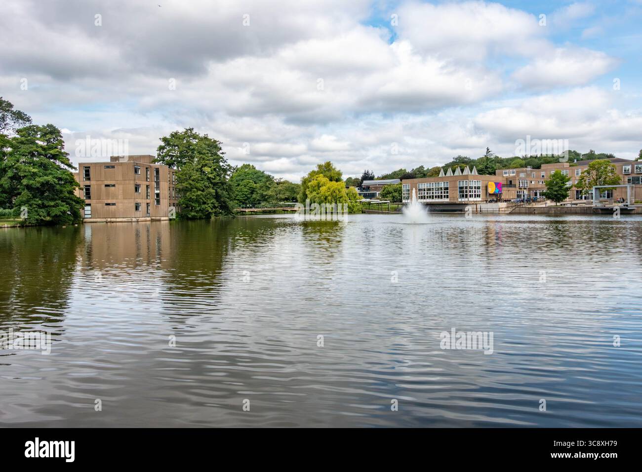 Blick über den See auf dem westlichen Campus der University of York in York, Großbritannien, in Richtung Goodricke und Vanbrugh College. Stockfoto
