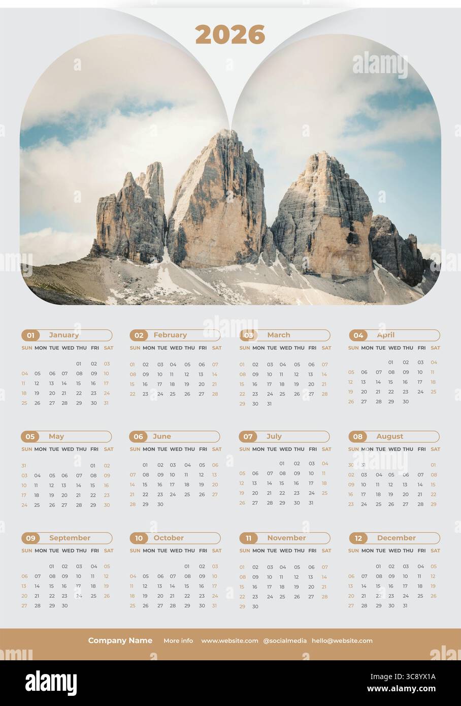 2026 Wandkalender. Druckfertig eine Seite modernes Vorlagendesign für 2026 Stock Vektor