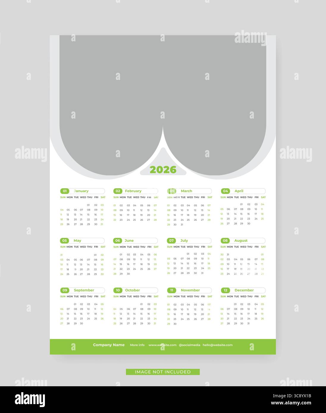 Modernes Wandkalender-Design 2026, Print Ready One-Page-Wandkalender-Template-Design 2026 Stock Vektor