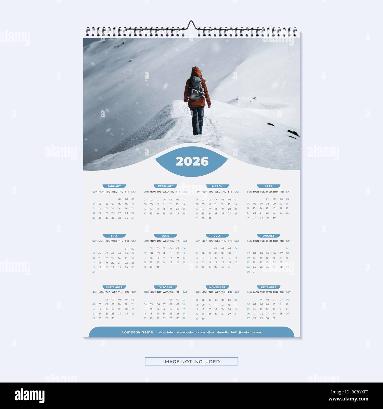 Layout Des Winterkalenders 2026. 2026 einseitige Wandkalender-Designvorlage, moderner 12 Monate einseitiger Kalender Stock Vektor