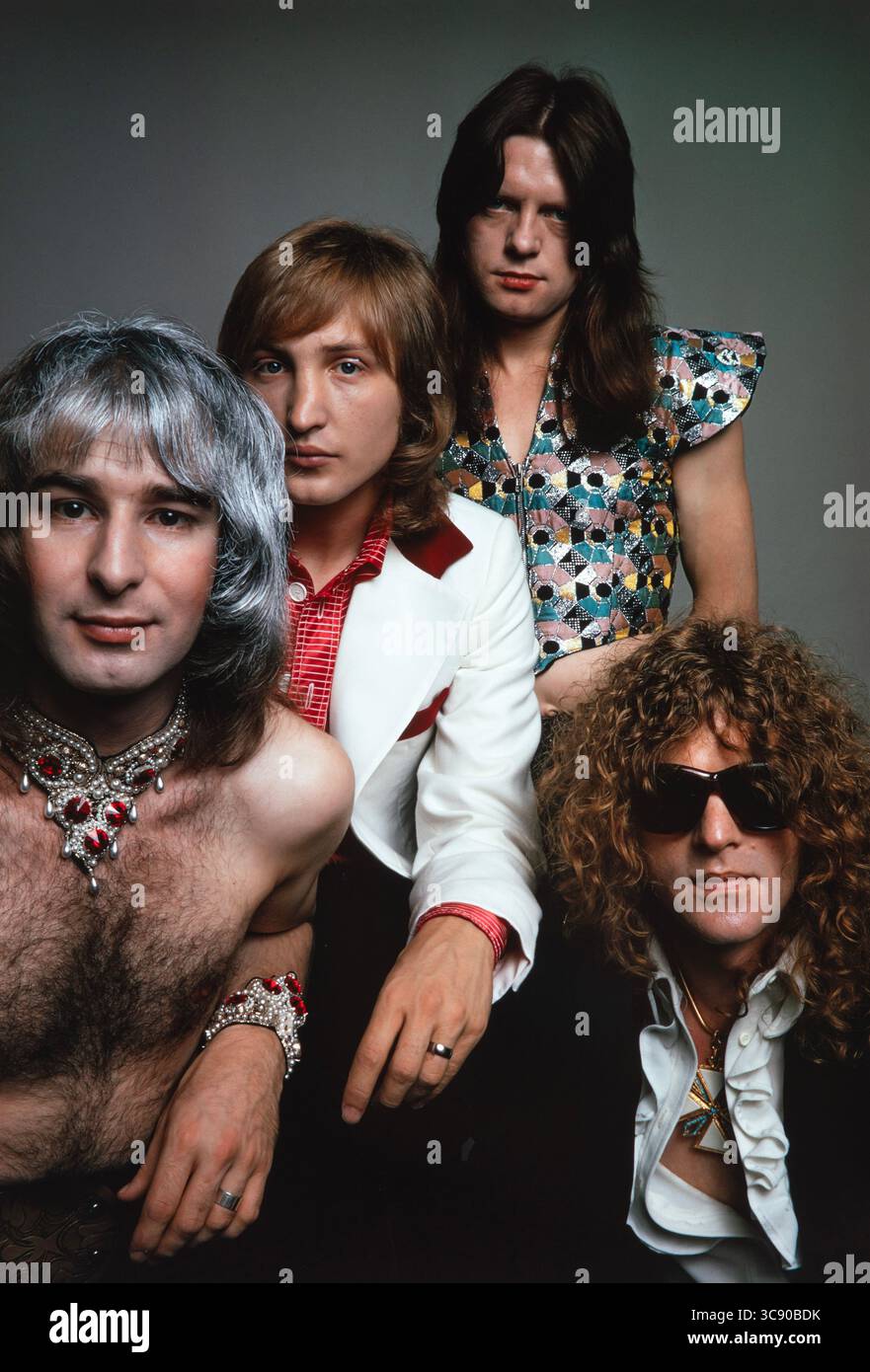 Mott The Hoople, britische Glam Rock Band. Ian Hunter, Pete Overend Watts, Dale Griffin, Luther Grosvenor... Foto aus dem Jahr 1973. Stockfoto