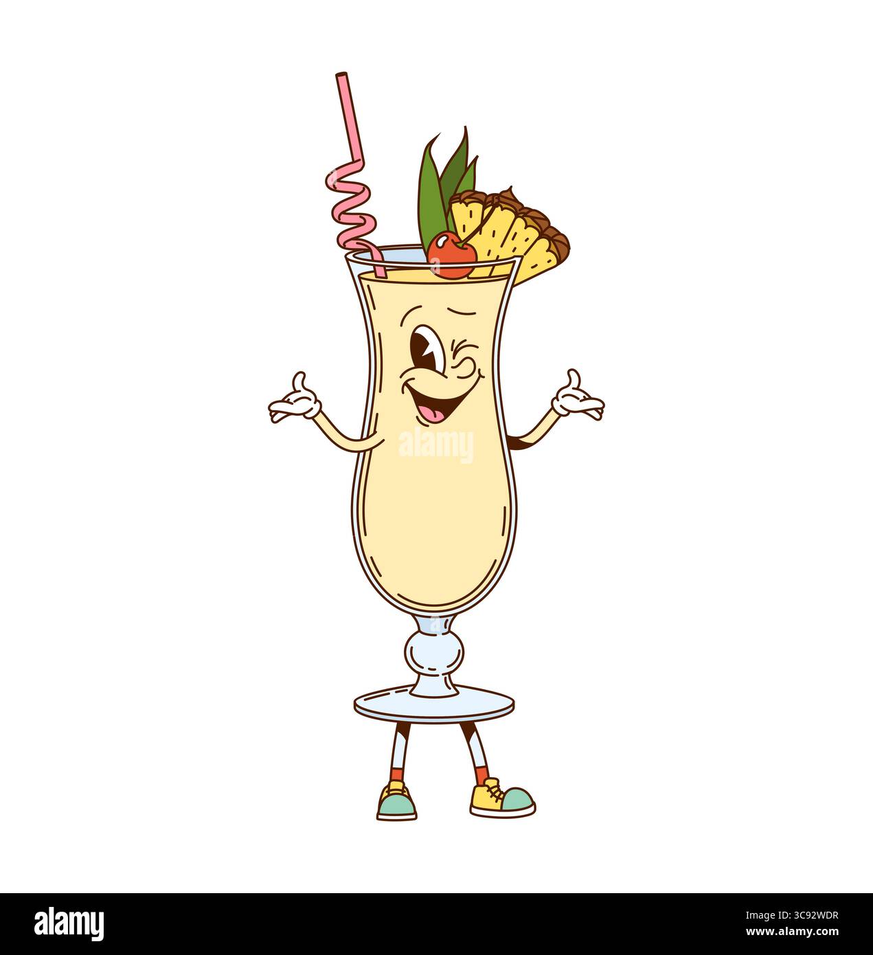 Pina Colada Cocktail Drink Retro grooviger Charakter. Party Cocktail grooviger Vektor glücklicher Charakter, Bar Alkohol Getränk lustiges Maskottchen. Pina Colada Getränk süßer Charakter mit Ananas, Kirsche und Stroh Stock Vektor